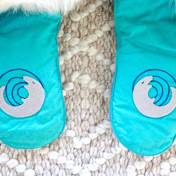 TURQUOISE BLUE WHITE FOX FUR WOOL Handmade Patchwork Trapper Eskimo Long Mitts - Picture 2 of 9